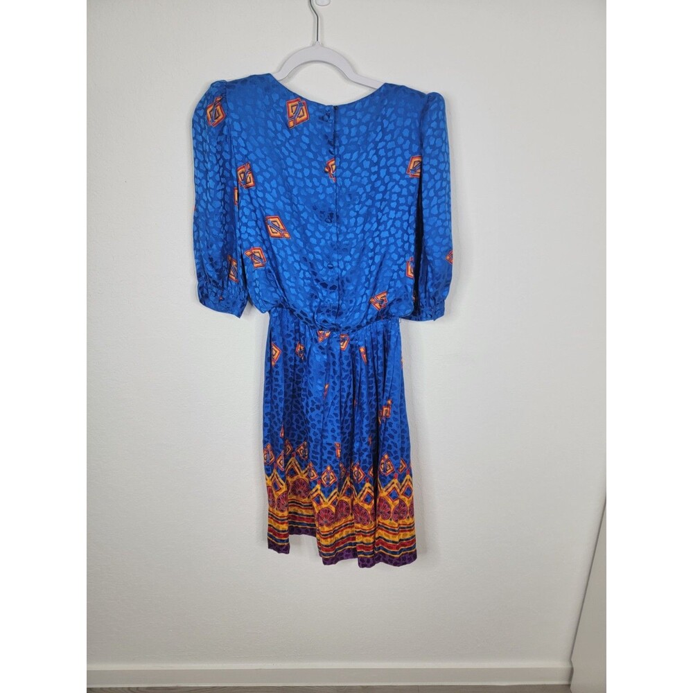 Vintage 80s Lillie Rubin Silk Dress Blue Red Size 4 Day Dress - Picture 4 of 17